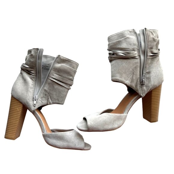 Leila Stone Gray Ankle Boots Chelsy Sandals Ankle Wrap Ties Stacked Heel 9.5 - Picture 4 of 10